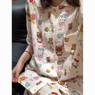 Japanese Cute Black Skin KT Cat Pajamas for Women 2026 New Summer Cartoon Short Sleeve Homewear Wearable Out Set