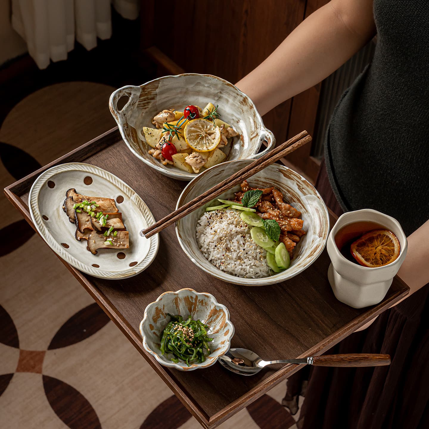Premium Coarse Pottery Tableware Set for One Person, Ceramic Dinner Plates, Restaurant and Hotel Plates, Vintage Vegetable Bowls, Soup Bowls, Noodle Bowls