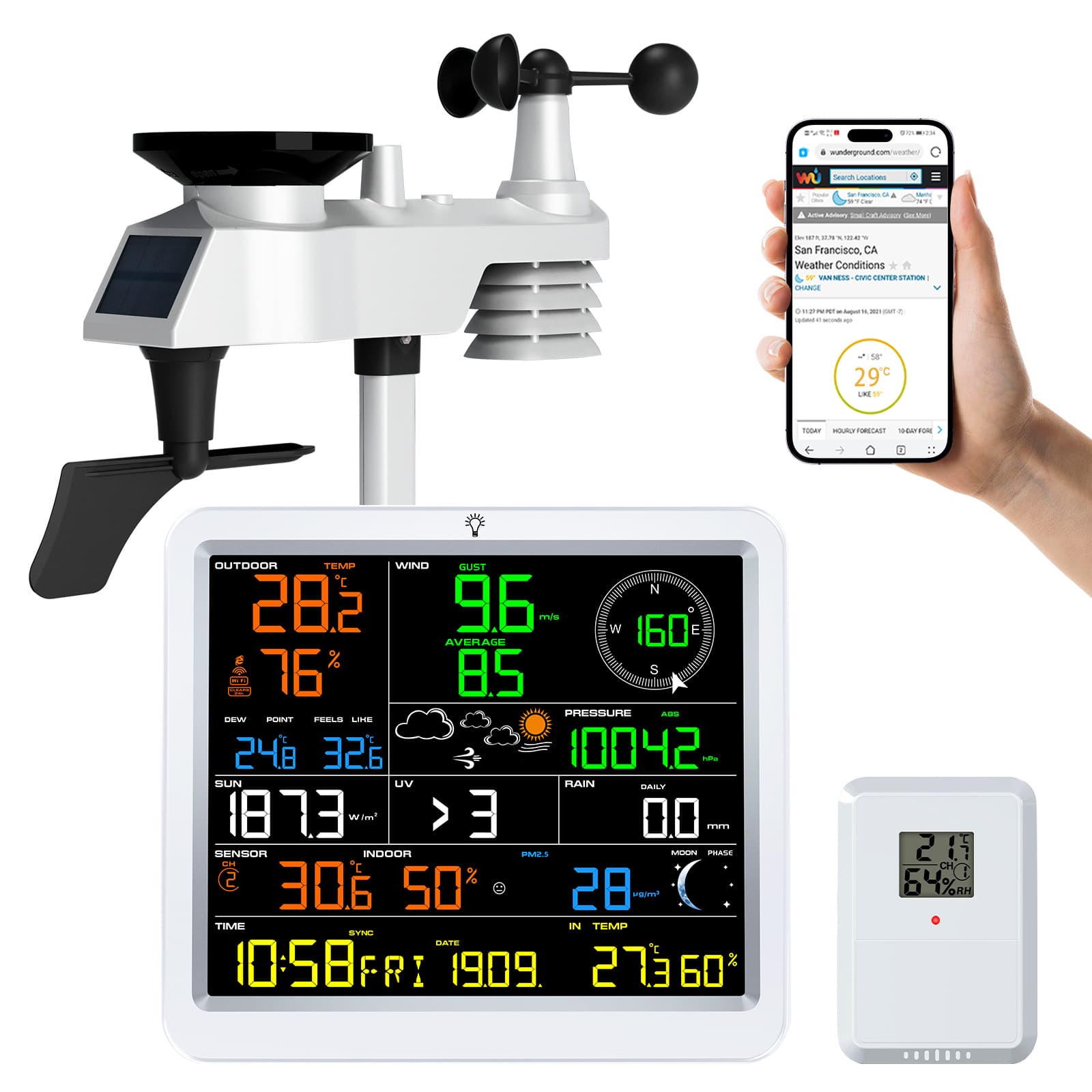 Large Screen Smart Wireless Weather Station and PM2.5, Temperature/Humidity/Wind Speed/Wind Direction/Rainfall/UV/Light