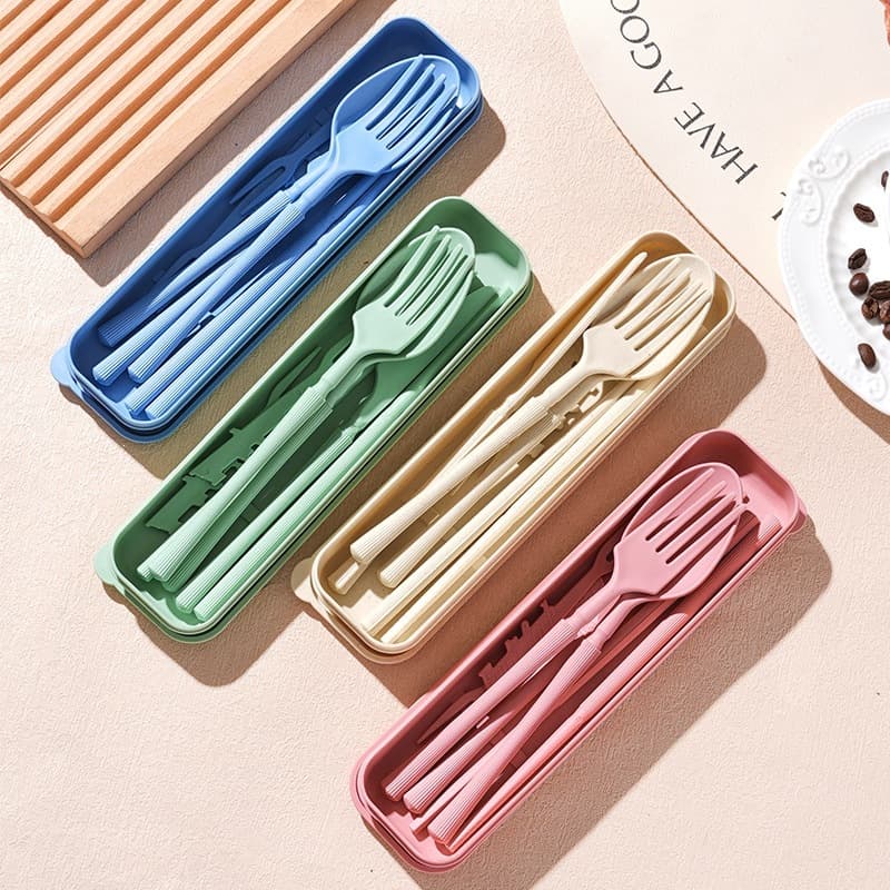Cross-border wheat straw portable tableware set for outdoor travel, small waist knife, fork, spoon, chopsticks, fruit fork 7-piece set