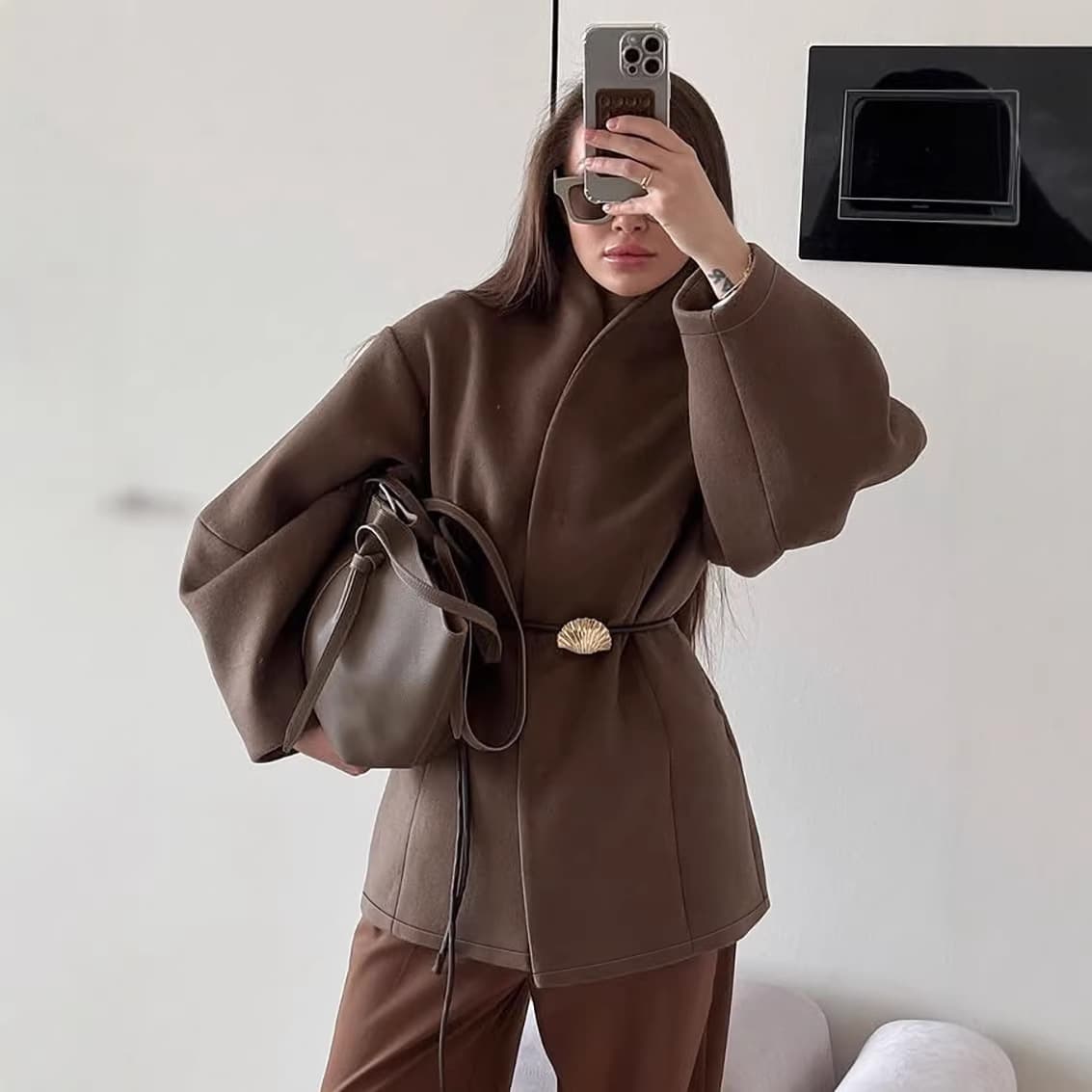 New Autumn/Winter Premium Brown Waist-Cinching Wool Coat for Women, Designer Style, Chic & Fashionable, Ins Aesthetic, 2025 Cross-Border