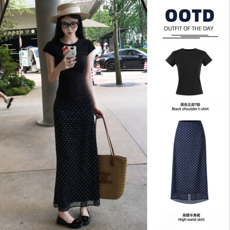 Elegant Navy Blue Polka Dot Split Maxi Skirt Full Set 2026 New Style Workwear Women's Summer
