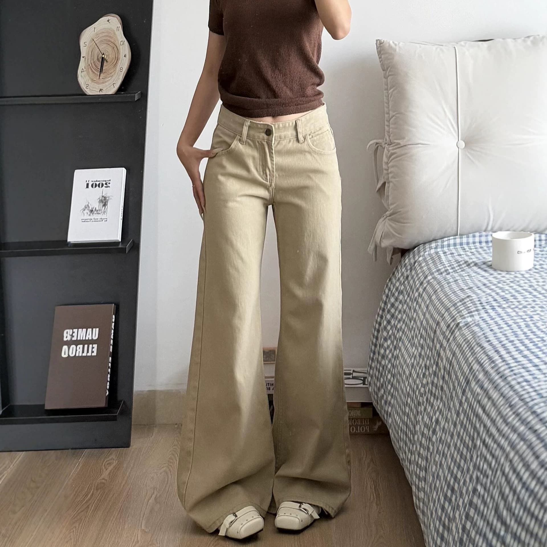 American khaki straight-leg bootcut jeans for women 2026 new slim bootcut pants for small people, floor-length wide-leg trousers