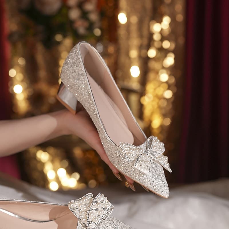 Yb-A162 Wedding Shoes for Brides, Flat and Chunky Heels, Comfortable for Pregnant Women, Large Size, Wide Fit Single Shoes