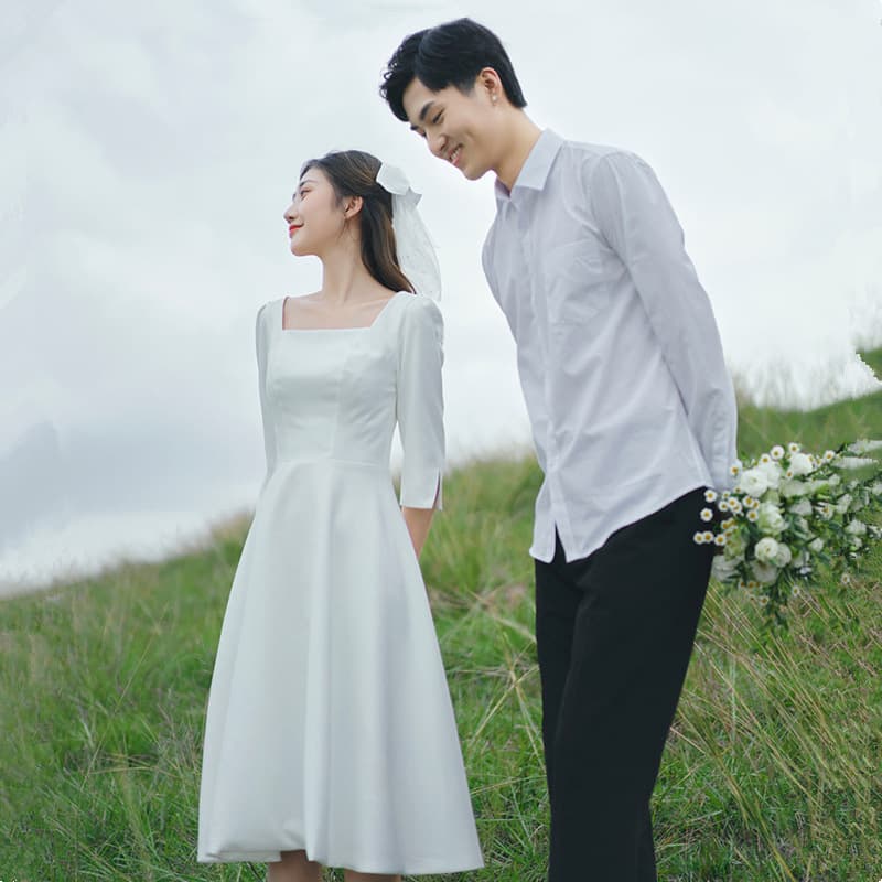 White Elegant Square Collar Light Wedding Dress New Petite Simple Engagement Registration Evening Gown Daily Wear Dress