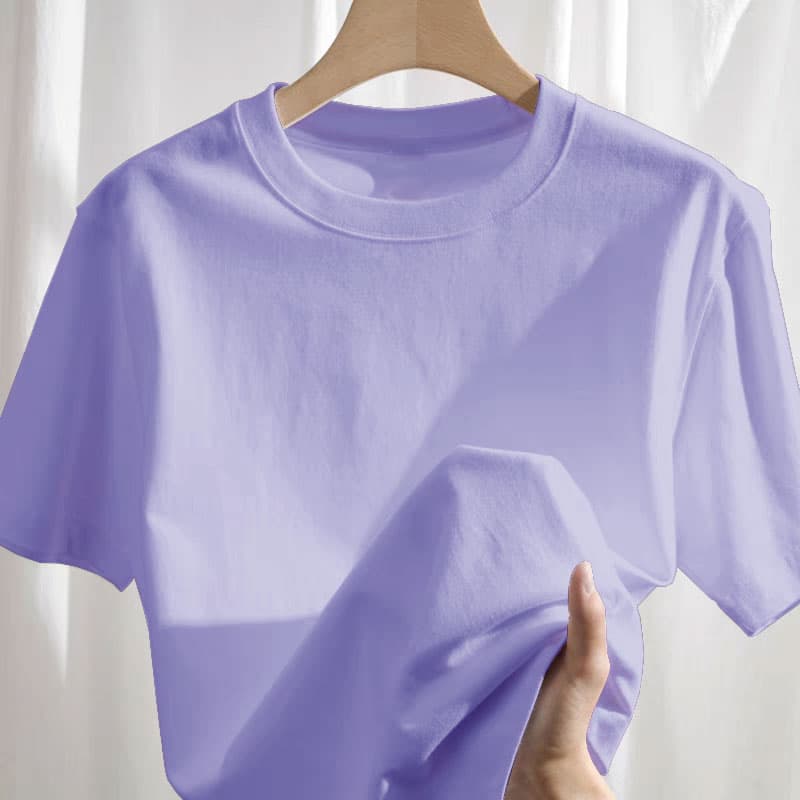 High-Quality Cotton Light Purple Short-Sleeve T-Shirt Women's Loose Versatile Round Neck Straight Shoulder Solid Color Tee Spring Summer Top