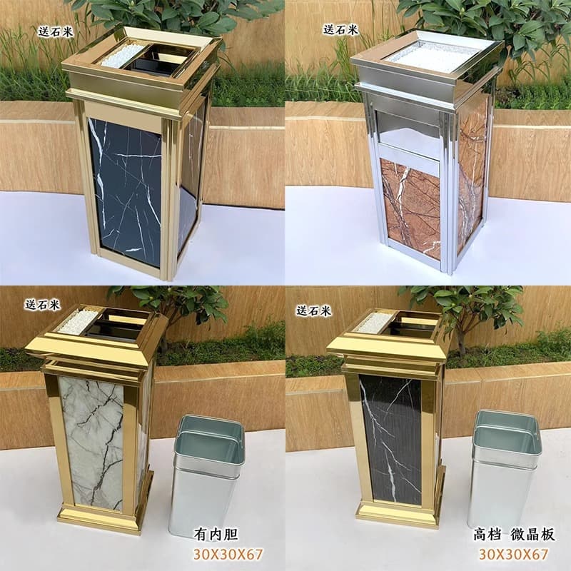Hotel lobby standing stainless steel trash cans with ashtrays; commercial hotel corridors; KTV elevator entrance waste bins.