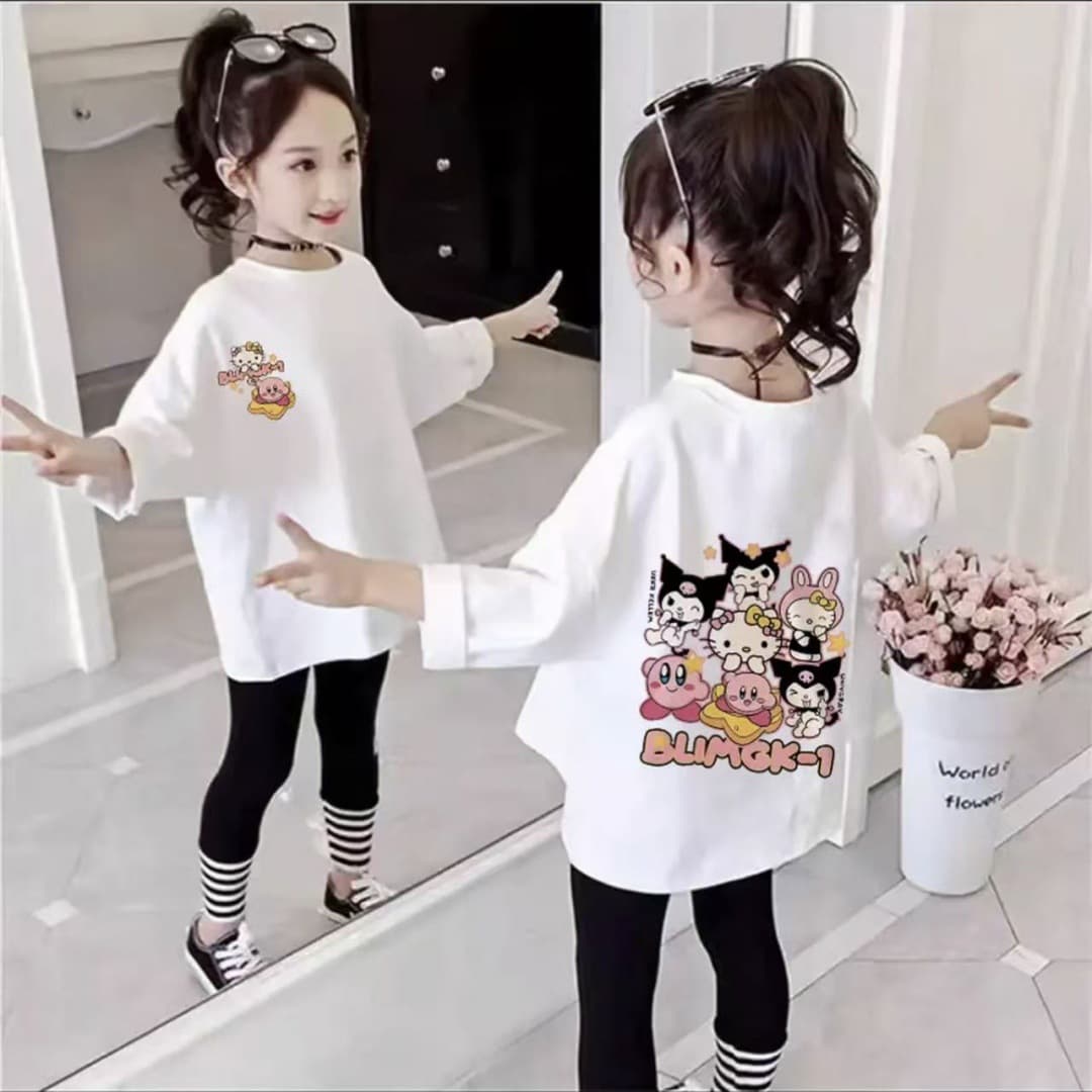 Girls' New Cartoon Print Long-Sleeve T-Shirt, Mid-Large Kids Spring/Autumn Pure Cotton Versatile Base Top, Trendy