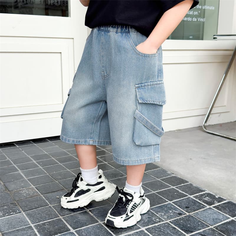 Boys Summer Denim Cargo Pants 2025 New Style Capri Pants Thin Mid-Length Casual Trousers for Kids