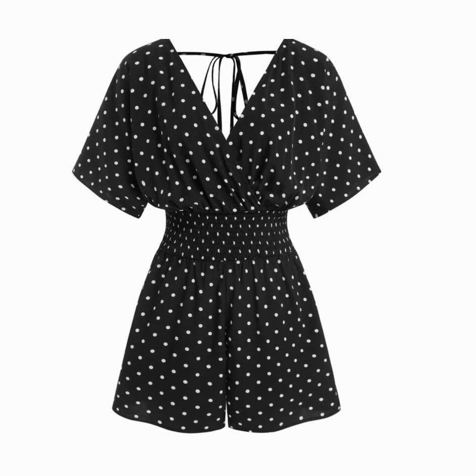 Women's V-Neck Polka Dot Jumpsuit, Short Sleeve, Waist-Tied, Slimming, Summer Casual Vacation Style
