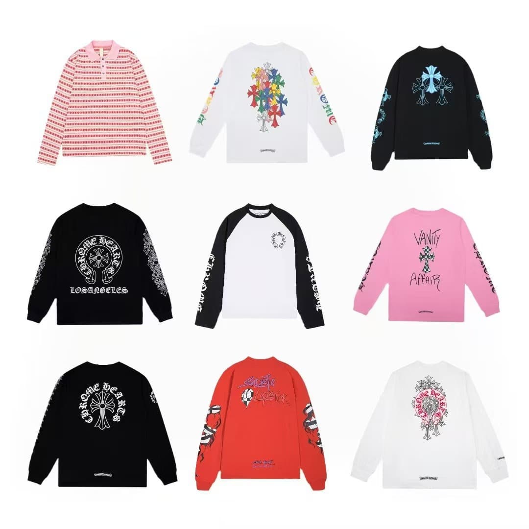 Cross-border Chrome Heart Round Neck Printed Double Yarn Pure Cotton Long Sleeve T-Shirt Unisex Fashion