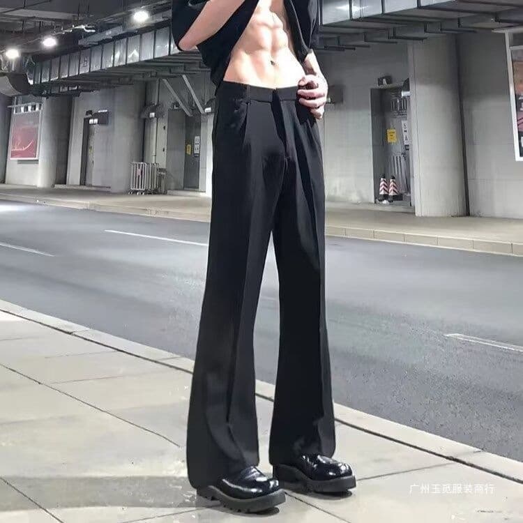 Men's Summer Flared Dress Pants, Black Fashion Suit Pants with Drape, Slim Fit, Spring and Autumn