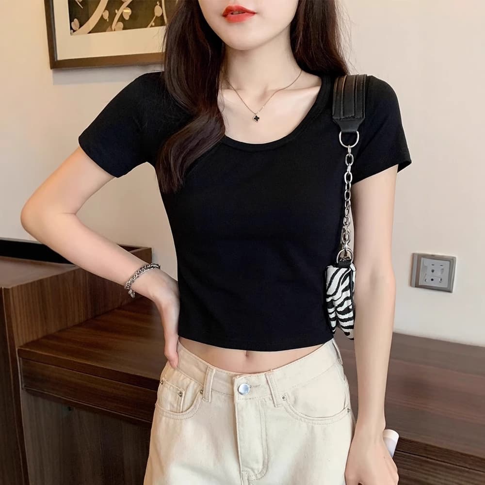 Short sleeve black t-shirt women's cropped round neck high waist crop top Korean style slim fit summer new solid color top ins trendy