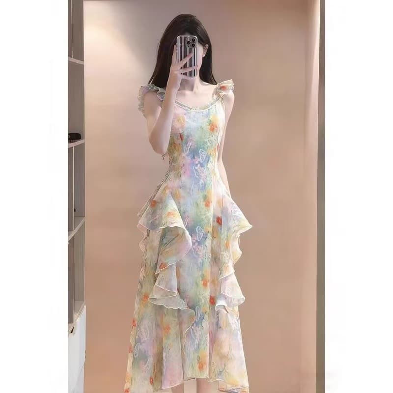 Mori-style French giant beautiful oil painting floral dress women's summer new vacation style literary long skirt slim and slim