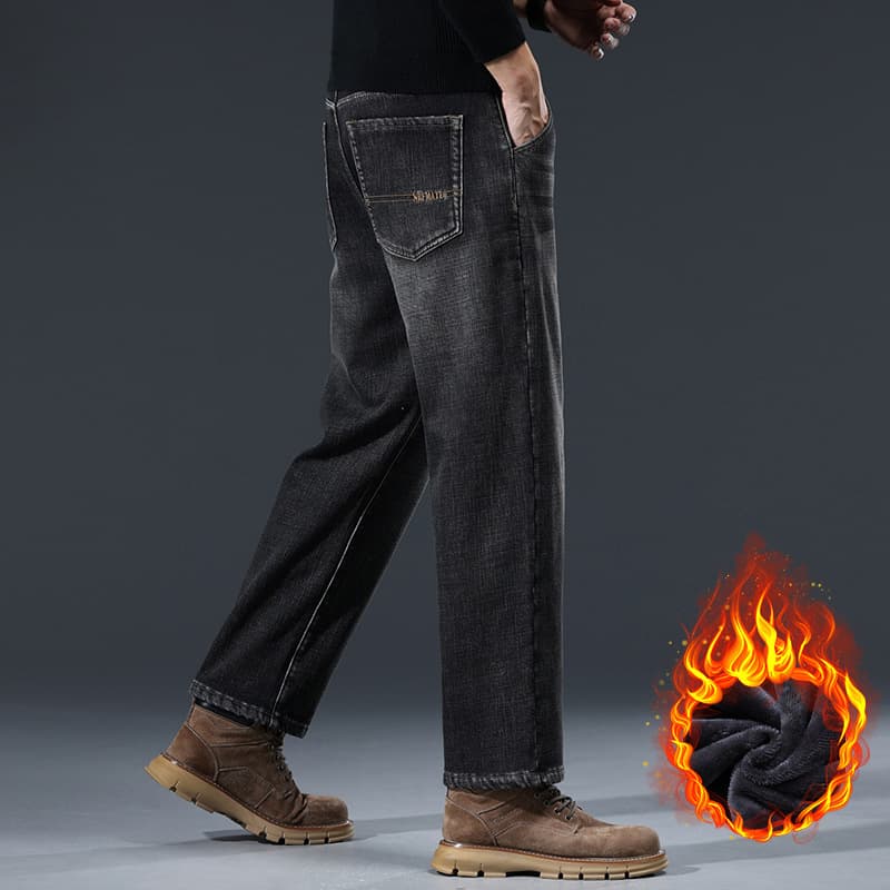 Winter Fleece-Lined Ankle-Length Jeans for Men, Loose Straight-Leg Casual Thick Warm Pants Petite Stretch 9/10 Length Pants