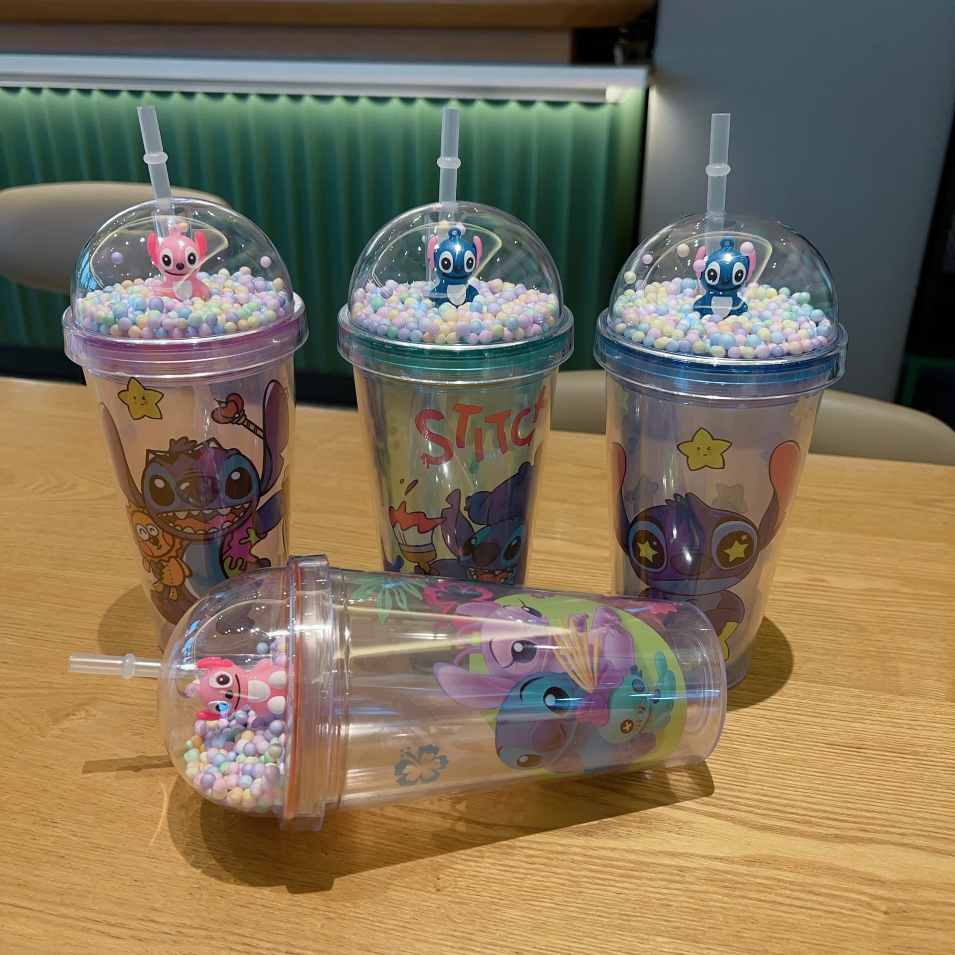 Plastic Straw Ice Cup Stitch Cartoon Transparent Double-Layer Cup Glitter Crushed Ice Cup Cross-Border New High Appearance