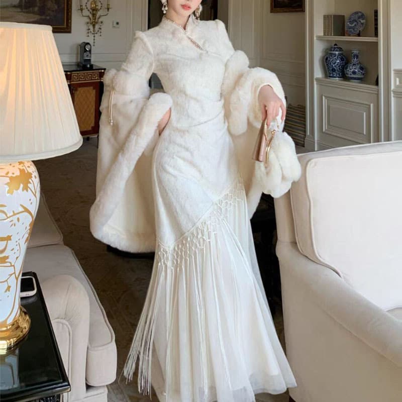 Warm Jade Floating Light Elegant Water Drop Collar Long Sleeve Dress New Chinese Style Fake Two-Piece Embroidered Cheongsam Chinese Style Long Dress