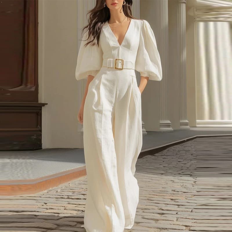 Independent station 2026 spring European and American cross-border foreign trade women's clothing temperament casual solid color deep v-neck loose jumpsuit women's pants