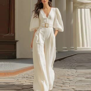 Independent Station 2026 Spring European and American Cross-border Women's Fashion Elegant Casual Solid Deep V-Neck Loose Jumpsuit