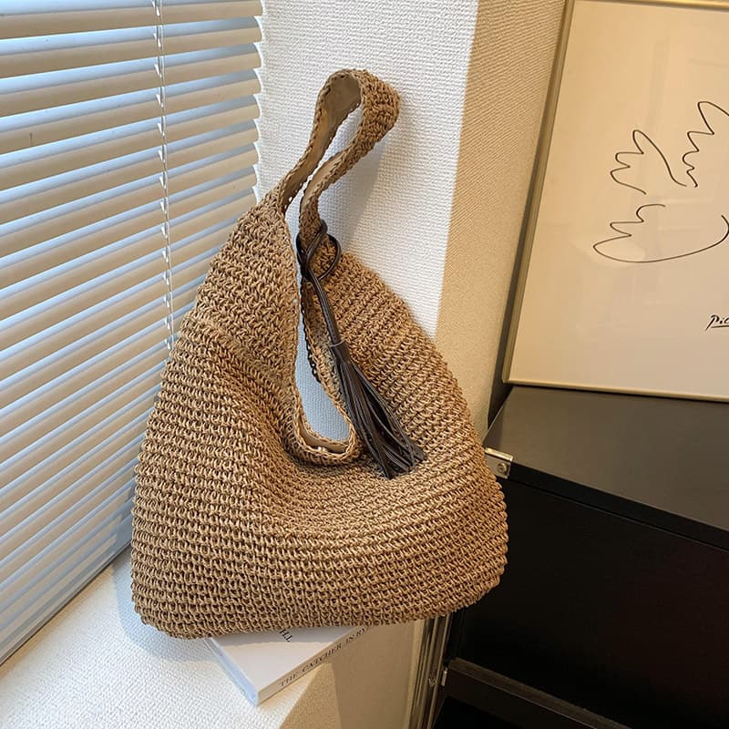 2026 New Woven Tote Bag for Women, Large Capacity Crochet Shoulder Bag, Vintage Beach Bag, Solid Color Commuter Bag