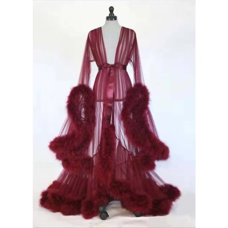 Manufacturer Wholesale Women's See-Through Sexy Lingerie Feathered Bell-Sleeve Trailing Long Dress Transparent Seductive Nightgown