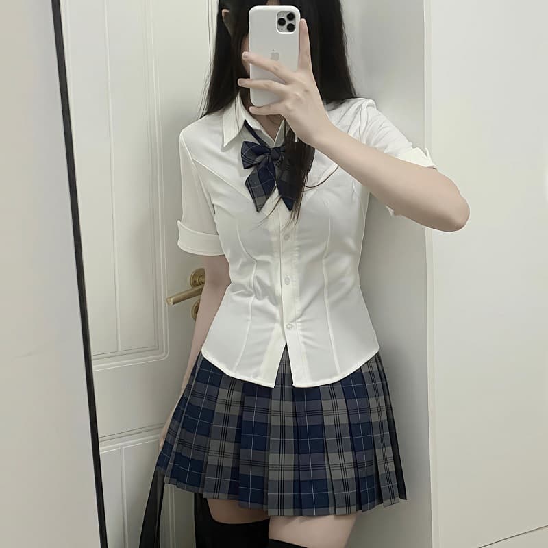 Summer Original JK Uniform Slim Waist White Shirt Women's Short Sleeve Hot Girl Preppy Style Shirt Dog Short Plaid Skirt Set Autumn