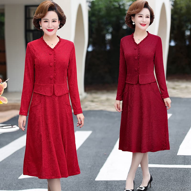 Mother's Fashion Patchwork Mid-Length Dress, Middle-Aged Women's Plus-Size Long-Sleeve Spring New Arrival Two-Piece Style Dress