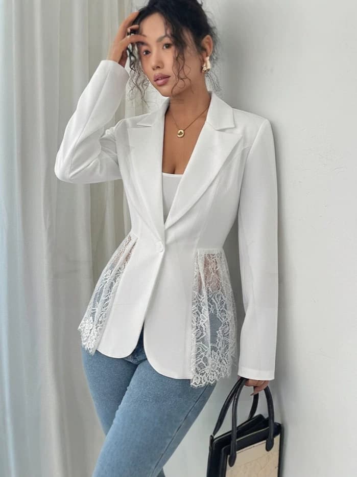 European and American Women's Blazer 2026 Fall New Contrast Lace Slim Fit Elegant Fashion A-Line Jacket