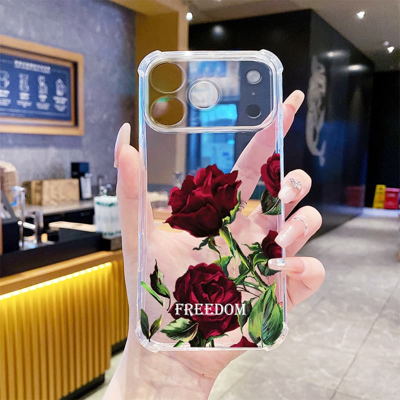 High-end red rose iPhone17 mobile phone case 15 light luxury transparent protective cover Apple 16 all-inclusive anti-fall soft shell