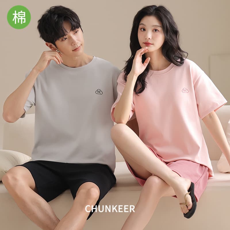 Couples Cotton Pajamas Casual Short Sleeve Hooded Set Lightweight Summer Outdoor Indoor Wear Comfortable Breathable Sleepwear