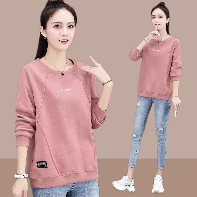2025 Round Neck Pullover Hoodie with Small Letter Print for Women, Spring and Autumn New Arrival, Long Sleeve, Korean Style Loose Fit, Slimming