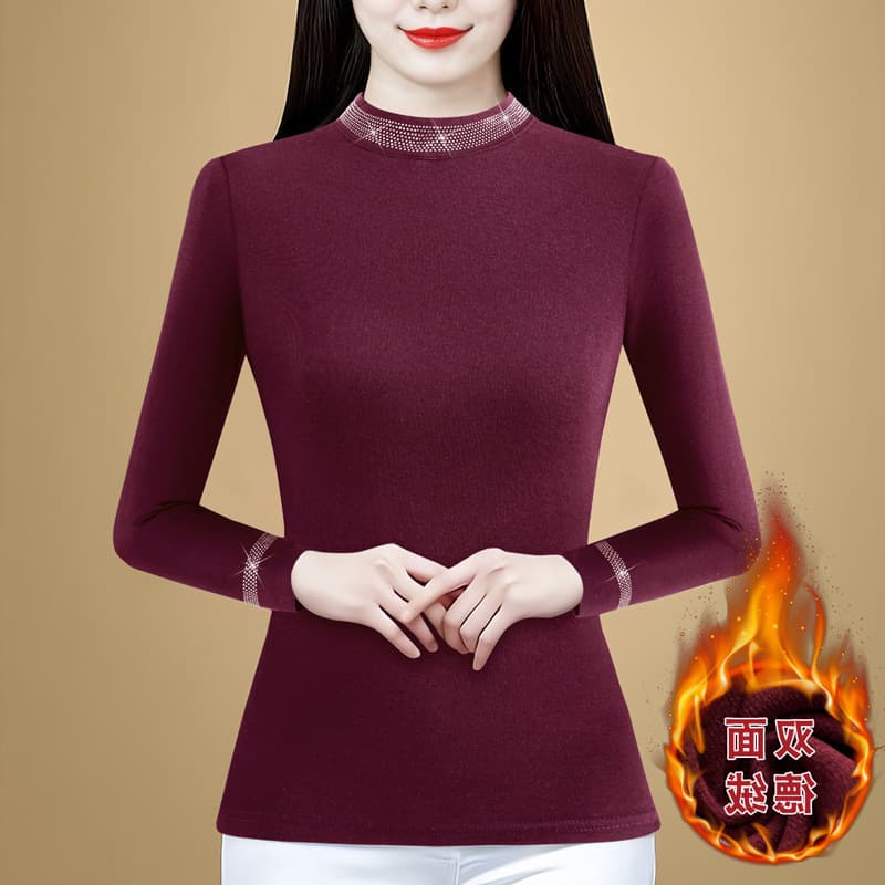 Double-sided German fleece semi-high round neck base layer top for women long-sleeve 2025 autumn/winter new fashion rhinestone warm top.