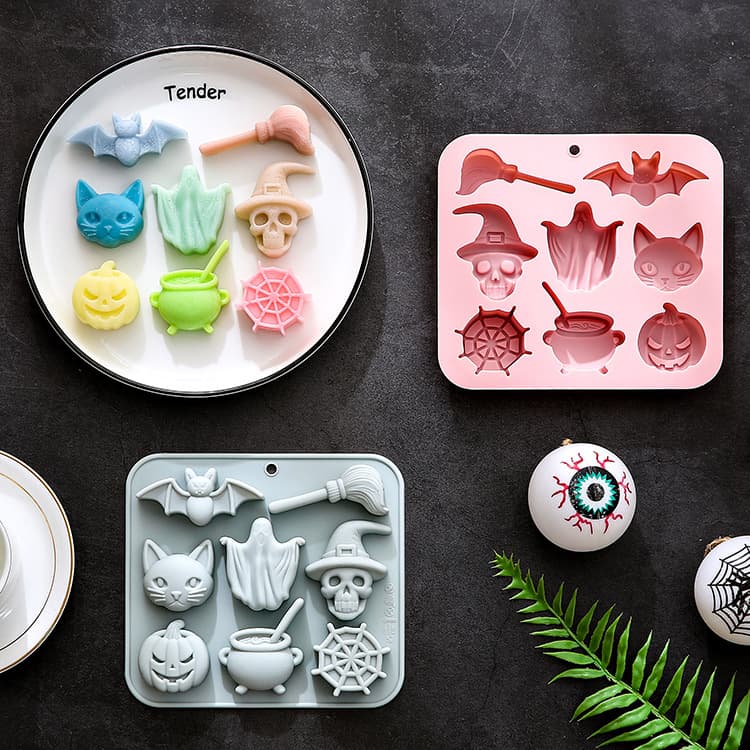 In Stock: 8-Row Ghost, Skeleton Cat, and Halloween-themed silicone molds, gel cake chocolate molds