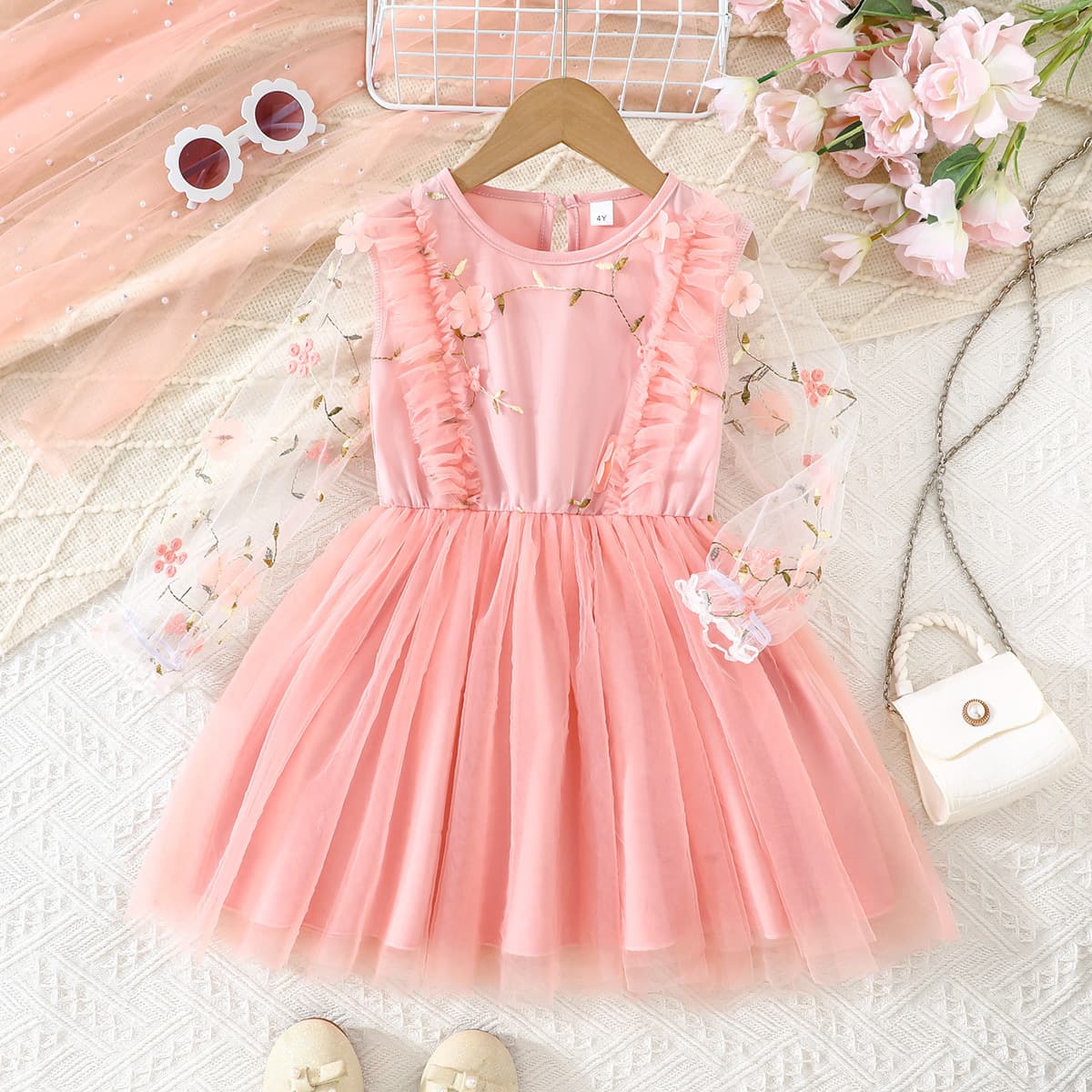 New Summer Sweet Style Pink Floral Embroidered Mesh Girls Dress 2-7 Years Toddler Princess Dress