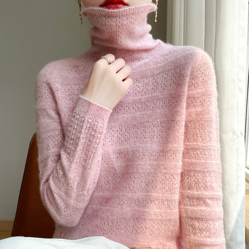 Cross-border 2025 Fall/Winter New Arrival One-Piece Knit Loose Pullover Sweater with Mock Neck and Hollow Design, Knitted Base Top