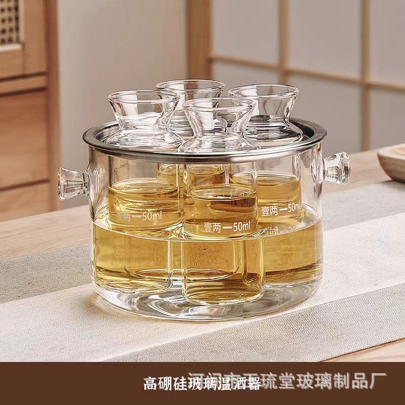 Heat-resistant Glass Rice Wine Warmer - Traditional home brewing set with cups and pots for heating alcoholic drinks.