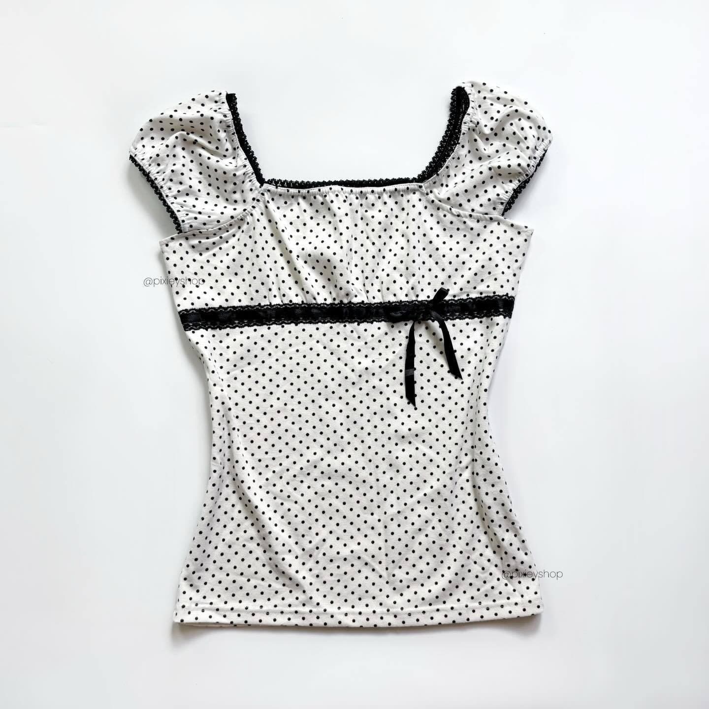 Square Neck Puff Sleeve French Retro Wholesale T-Shirt with Waist-Cinching Style Sweet Girl 2026 New Short-Sleeve Black and White Polka Dot Top