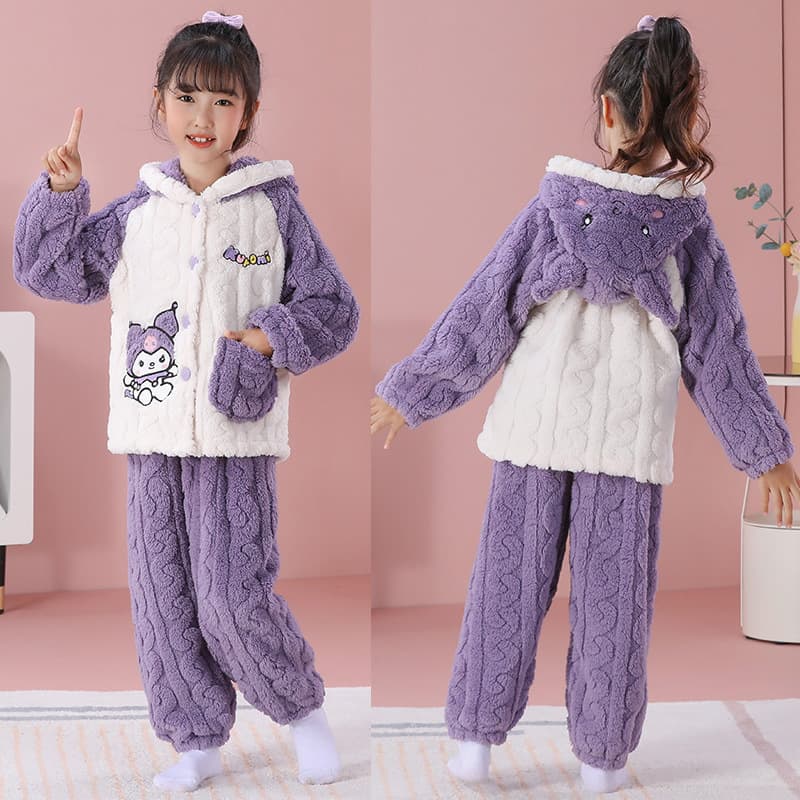 Winter Kids' Pajamas Flannel Girls' Coral Fleece Hooded Set Girls' Homewear Ages 10-12