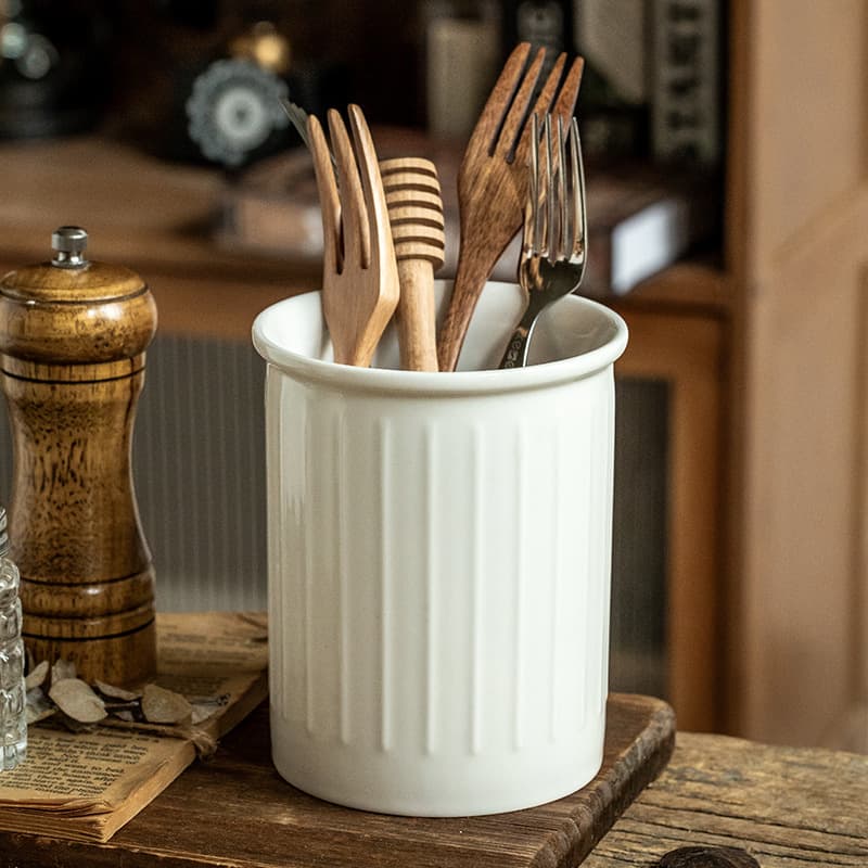2024 New Simple Embossed White Chopsticks Container Large Ceramic Kitchen Fork Spoon Storage Jar Ornament Cross-border Export