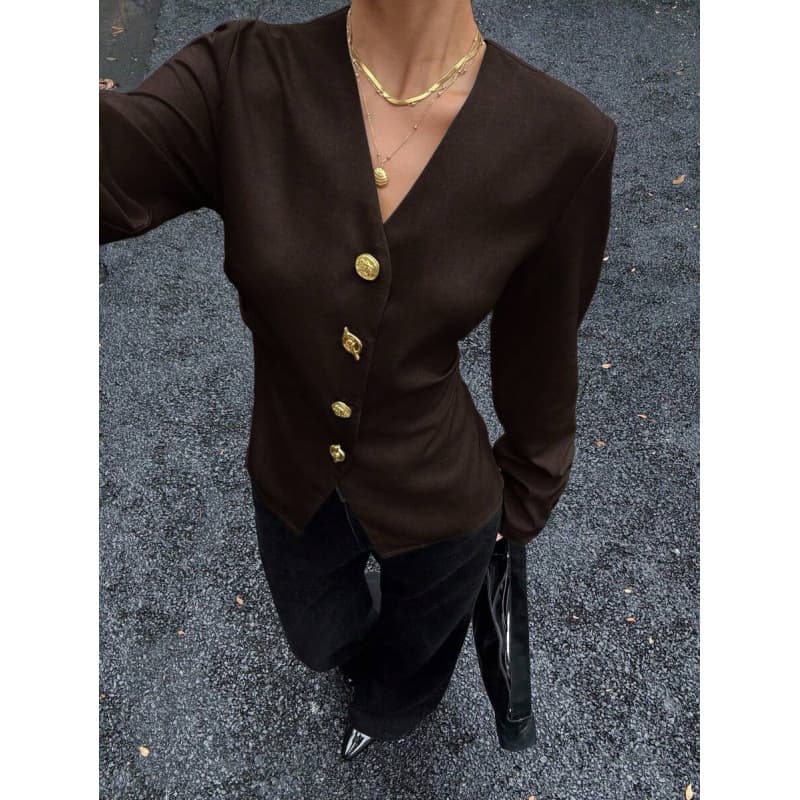 Amazon cross-border European goods autumn new style lazy style solid color metal buckle waist V-neck long-sleeved top shirt for women
