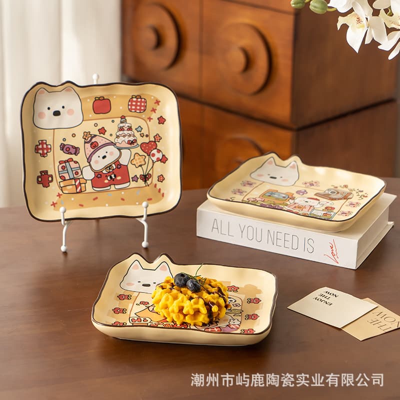 Cute cartoon ceramic plate, breakfast plate, creative personalized tableware, high-looking rice plate, dessert plate, birthday gift for women
