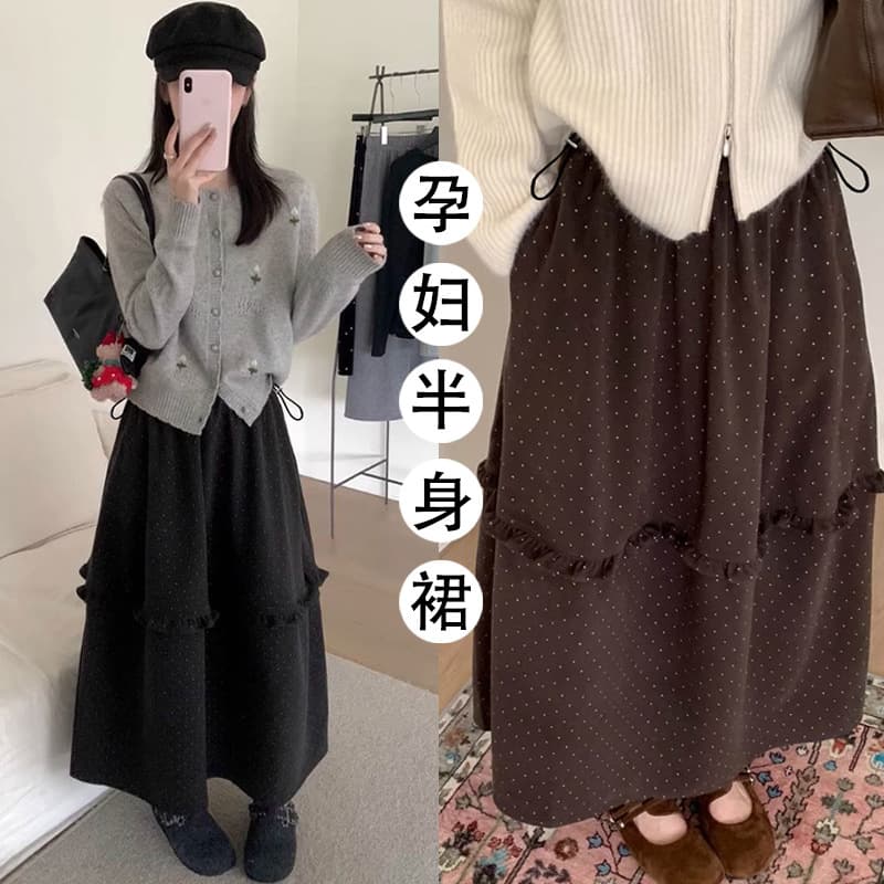 Maternity Skirt Autumn/Winter Korean Sweet Polka Dot Ruffle Trim Bloomer Thickened High-Waist Skirt Women