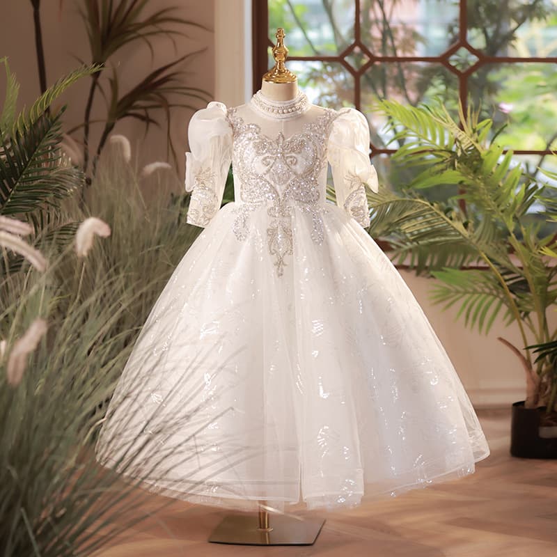 Girls dress long-sleeved temperament new white flower girl wedding fluffy princess dress children's annual meeting host performance clothing