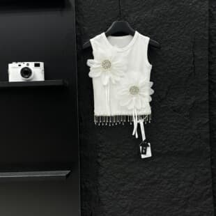 New Summer Girls Big Kids Floral Tassel Short-Sleeve Vest European Princess Style Heavy Craft 110-160