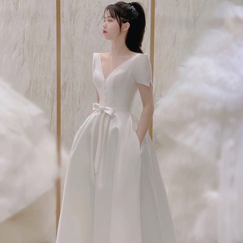 White evening dress, satin French style, registered engagement dress, light wedding dress, light luxury, small, many colors available