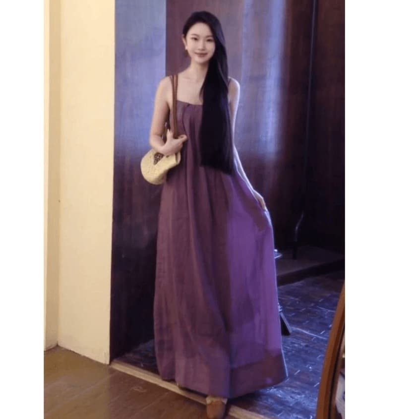 Purple pleated suspender dress for women 2026 summer new style lazy loose long skirt holiday style skirt
