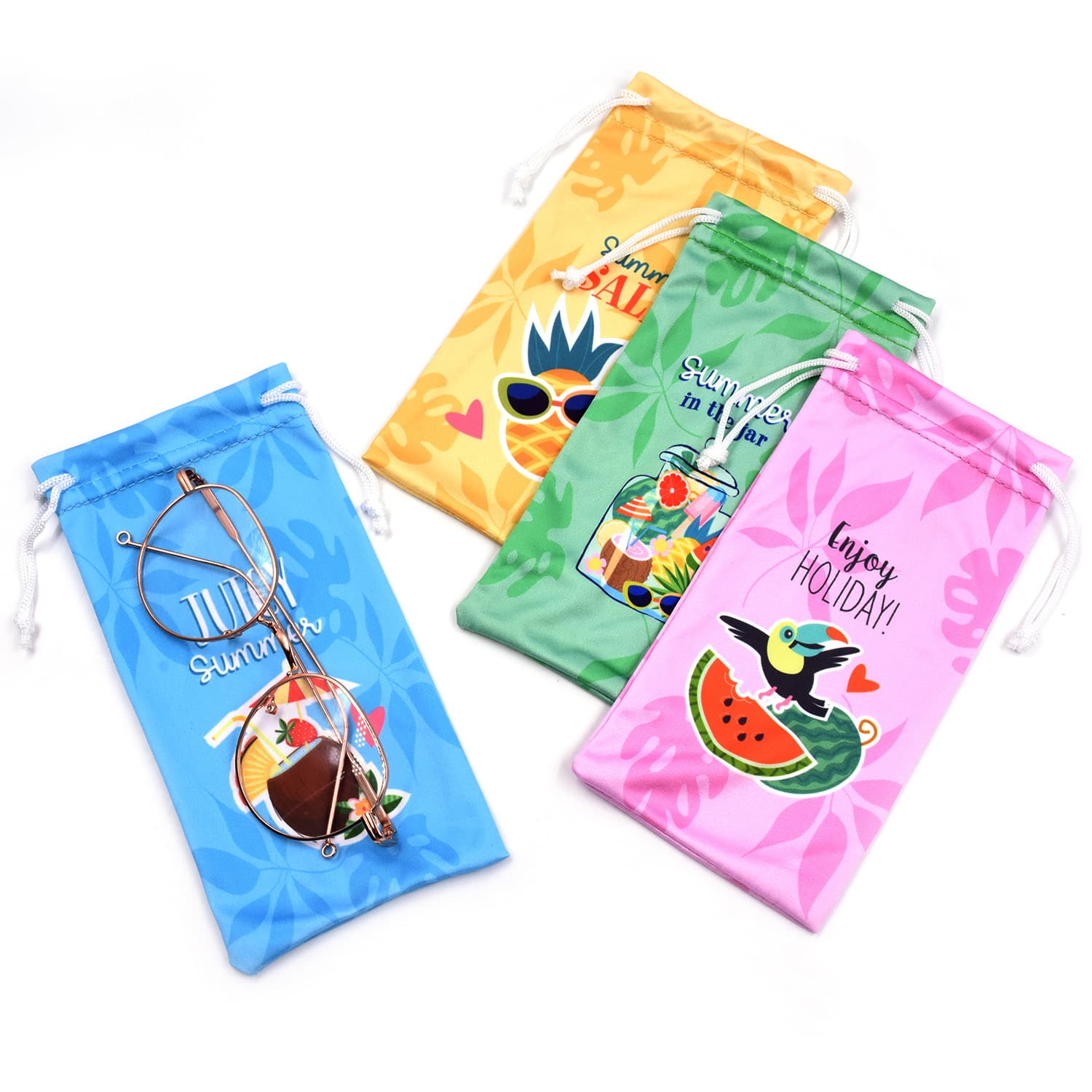 New colorful printed drawstring bags, polyester-nylon cord storage pouches for phones, power banks, customizable with logo.