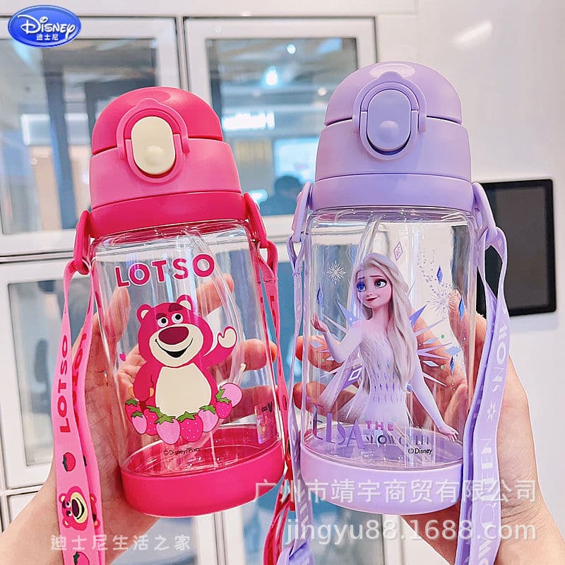 Disney Children's Plastic Cup Marvel Straw Direct Drinking Dual Water Bottle Strap Portable Student Summer Baby Water Cup
