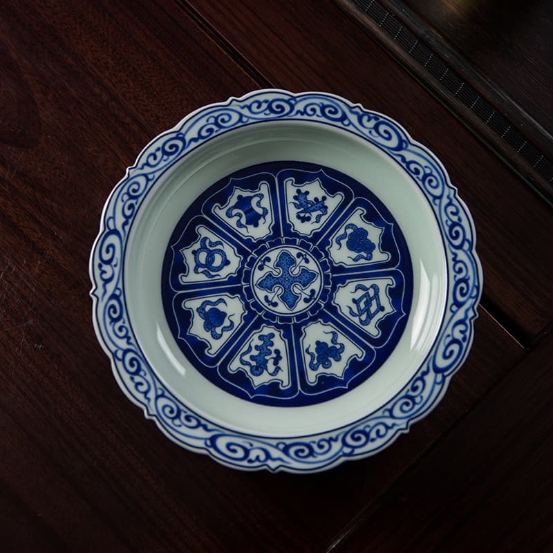 Jingdezhen Ceramic High-White Clay Blue-and-White Eight Treasures Tea Tray, Chinese-Style Dry Brewing Stand, Home Use Tea Pot Holder, Tea Tray