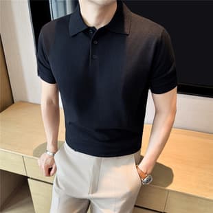 Men's Light Luxury High-End 14-Gauge Old Money Style Wool Knitted Base T-Shirt, Modal Skin-Friendly Short Sleeve T-Shirt Polo Shirt